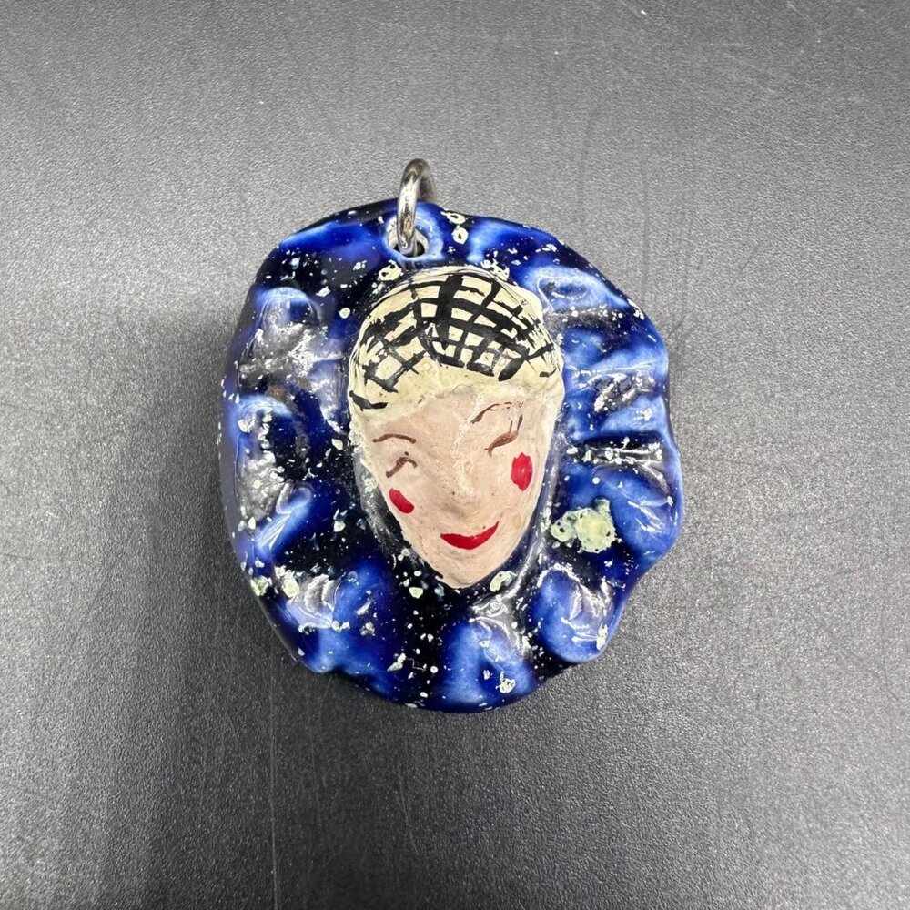 Vintage Harlequin Clown Pendant Bold Blue Cosmic Ceramic Charm Quirky Handmade - Picture 2 of 7